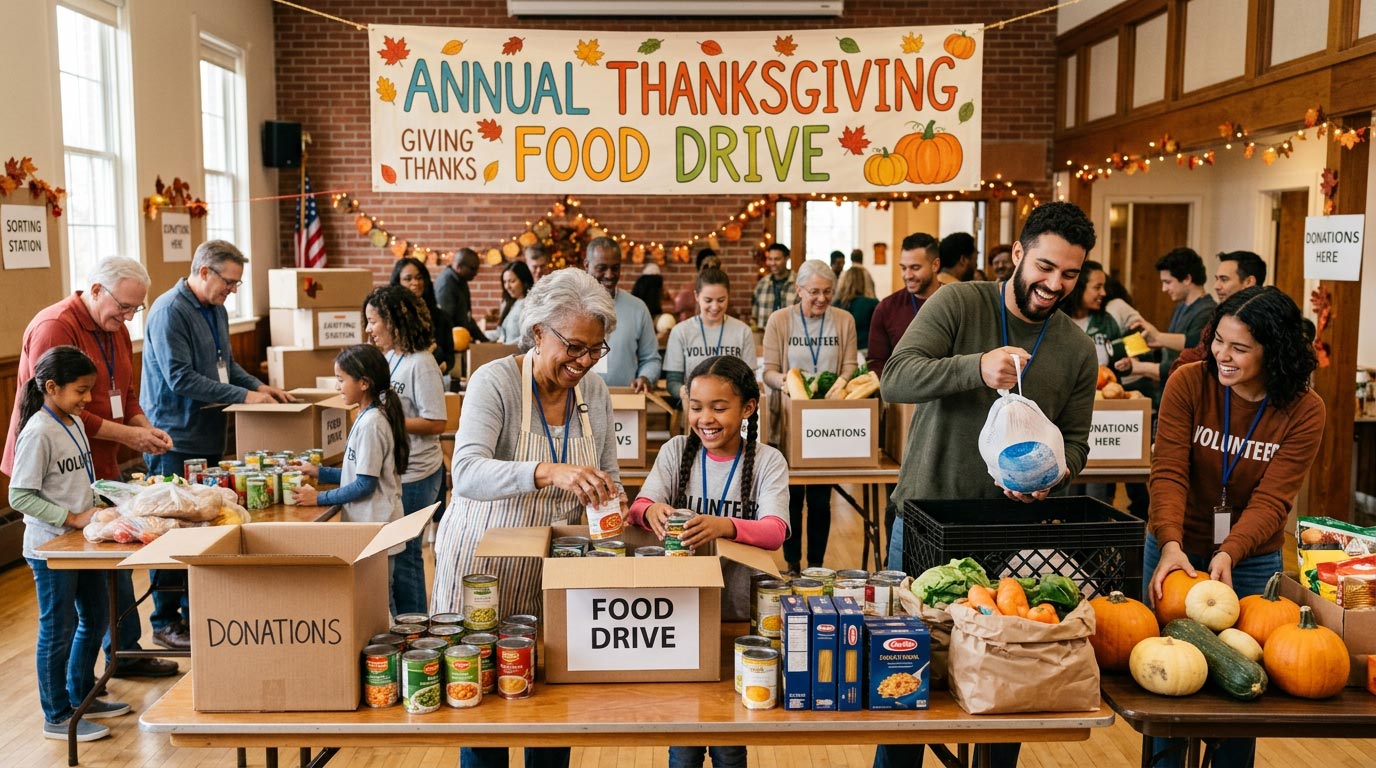 Volunteers packing a Thanksgiving food drive