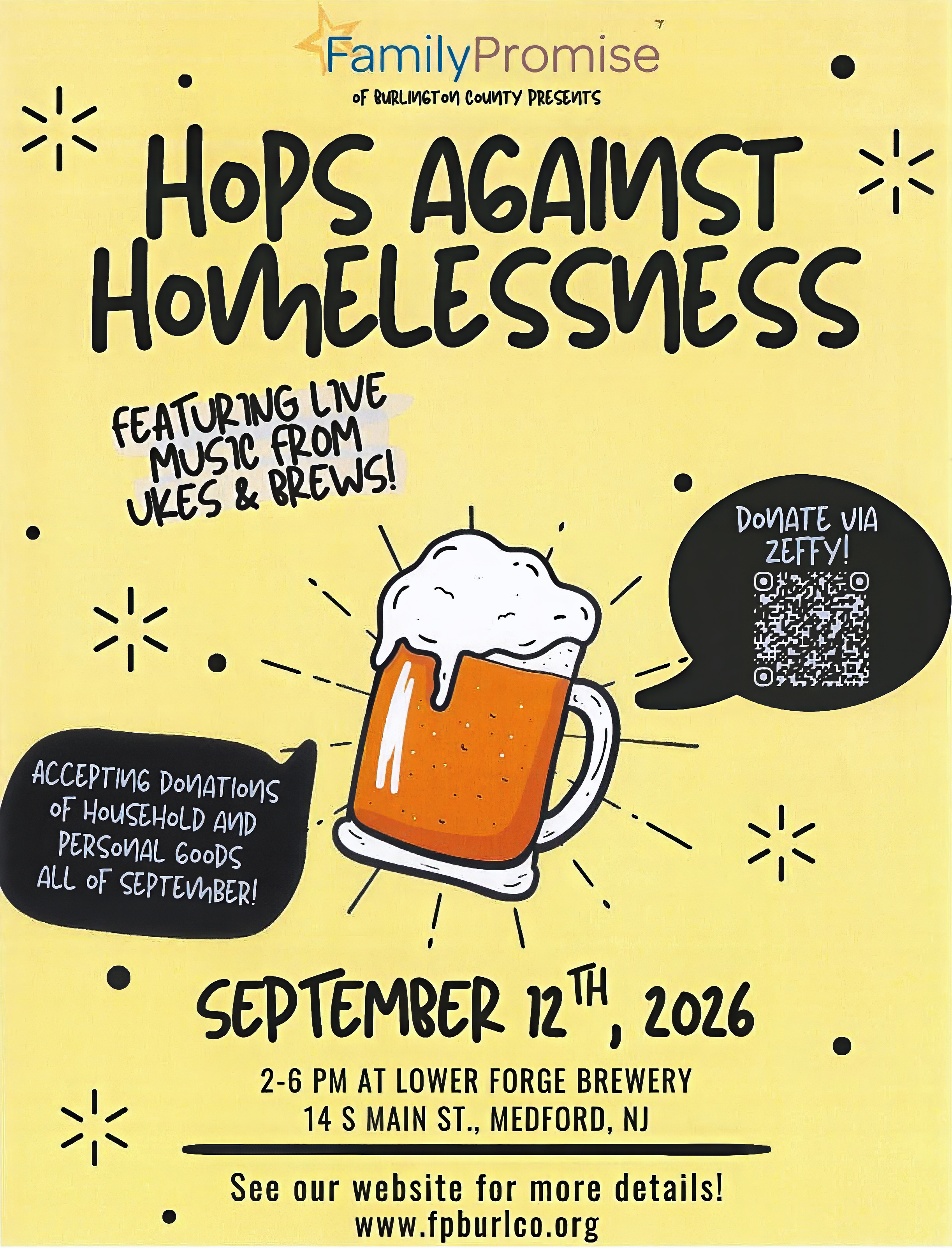 Hops Against Homelessness flier — Family Promise of Burlington County, September 12, 2026