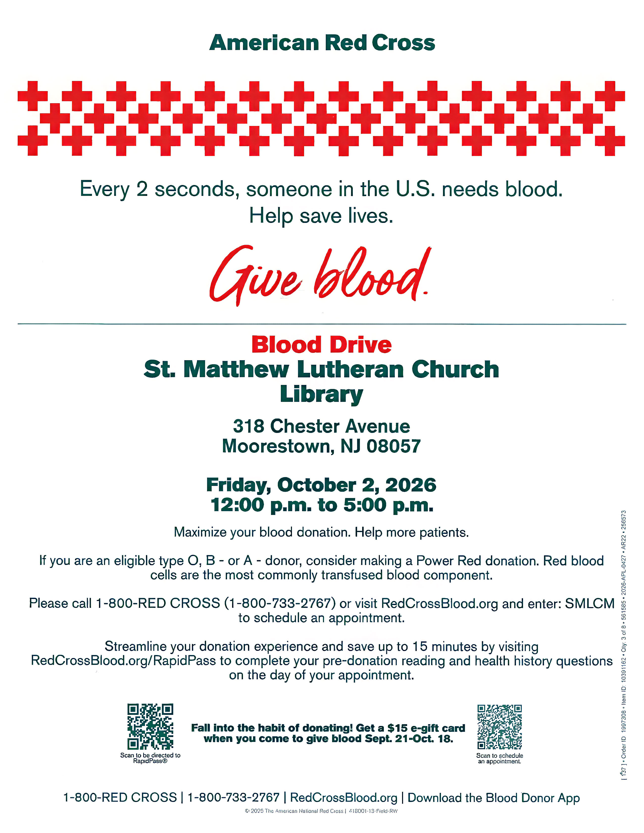 American Red Cross Blood Drive — Saint Matthew Lutheran Church Library, Friday, October 2, 2026, 12:00 p.m. to 5:00 p.m.